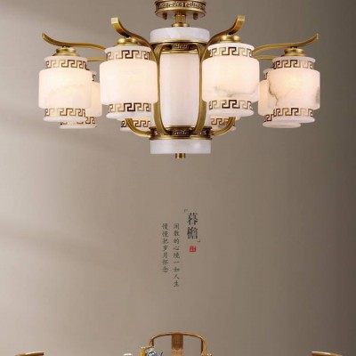 樊灯5173复式楼自建房长吊灯新中式铜玉石中国风简约现代餐厅灯饰