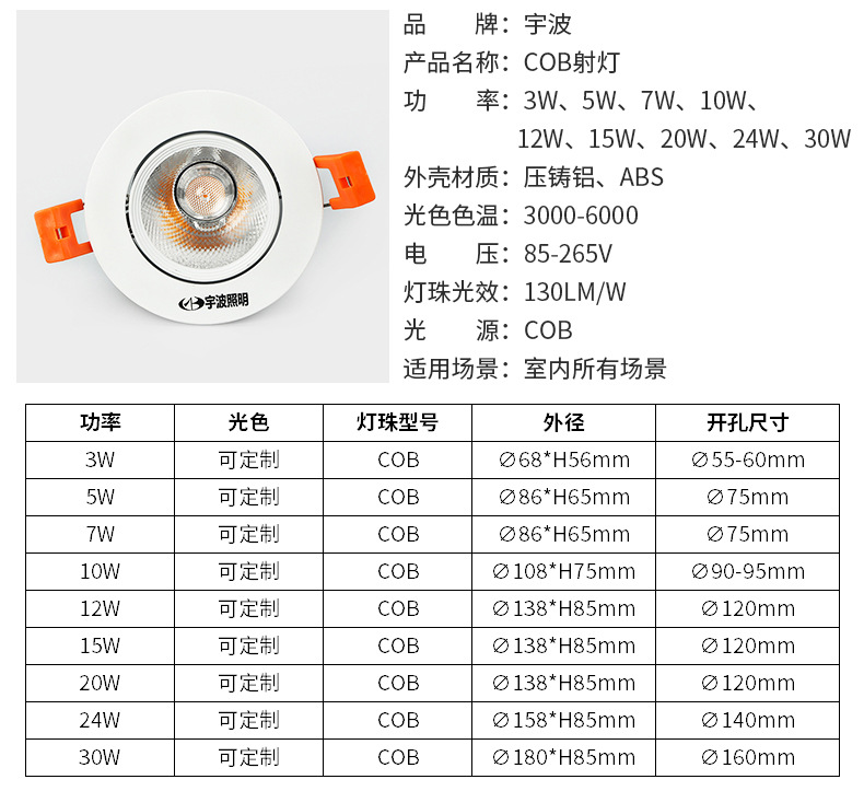 cob射灯新款 酒店服装店射灯 嵌入式筒灯压铸天花灯 工程COB射灯示例图4