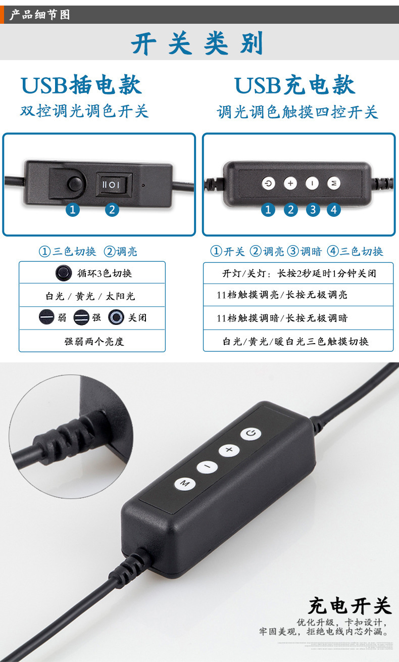 工厂直销usb充电调光调色金属软管led夹子台灯宿舍床头护眼台灯示例图6