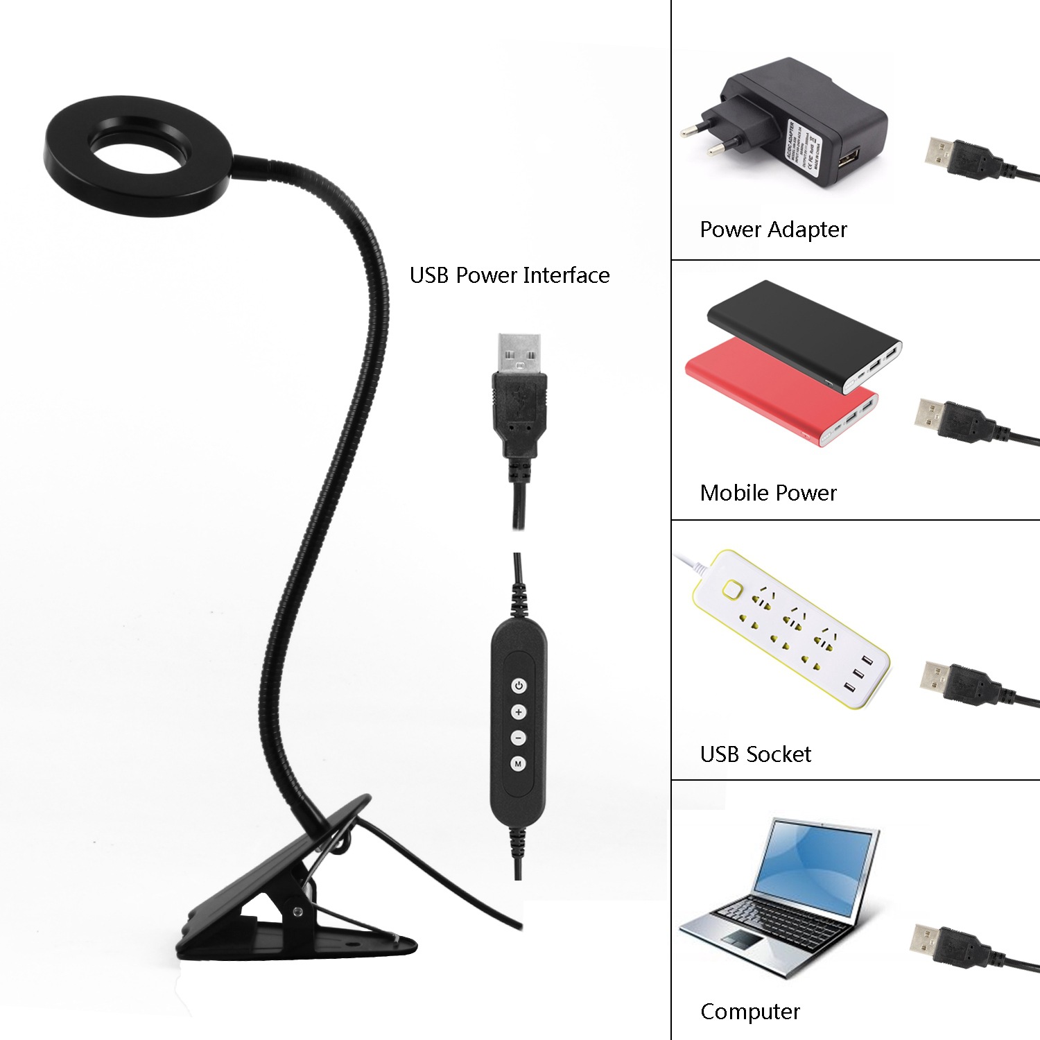 跨境专供 usb插电款led金属护眼台灯 7W调光调色办公学习夹子台灯示例图11
