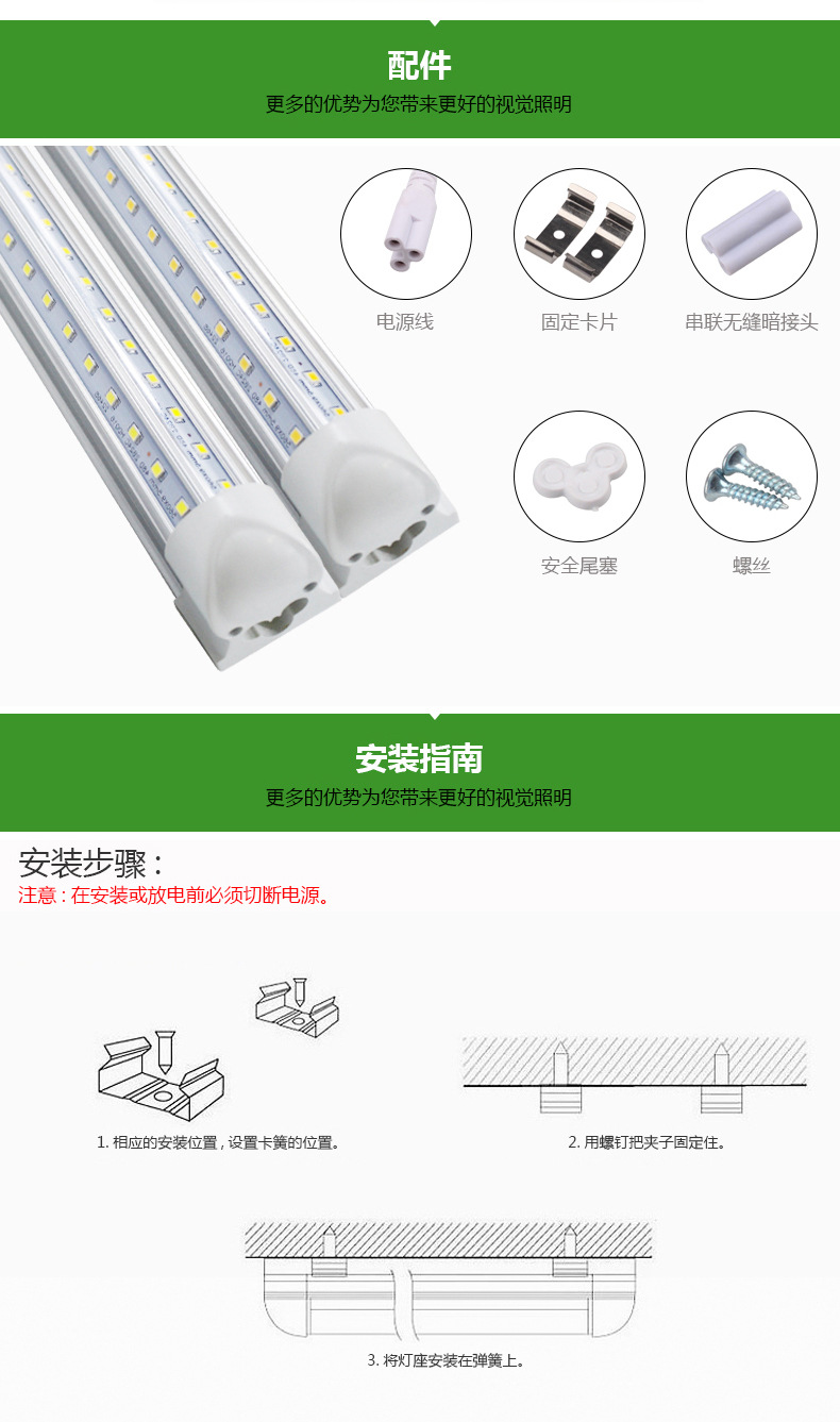 爱德视LED灯管T8一体V2.4米72W节能日光灯工厂车间停车场商场通用示例图5