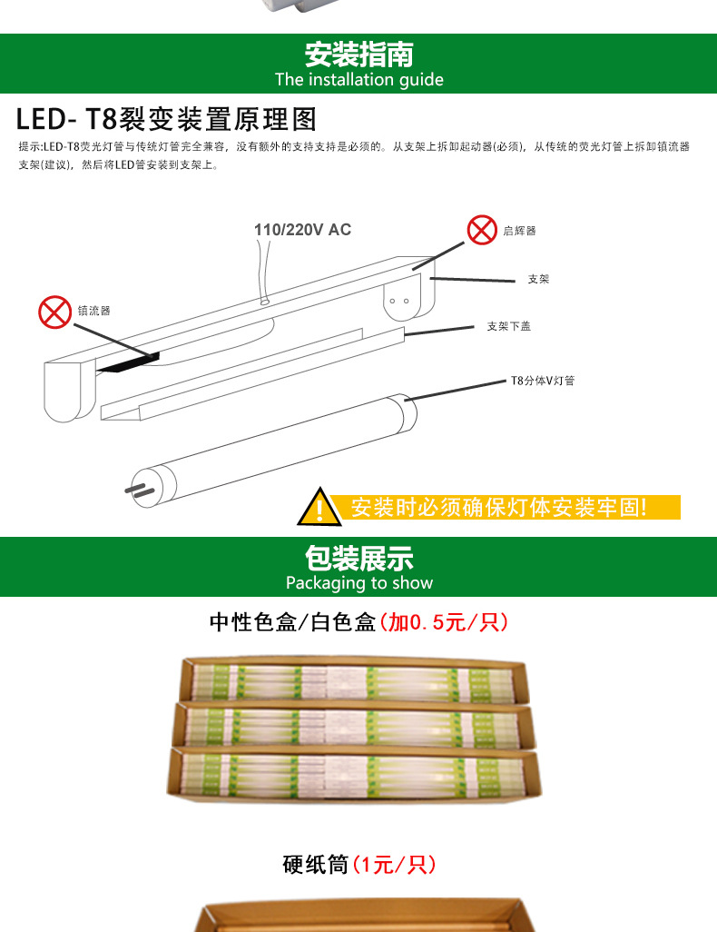 爱德视LED灯管T8分体V1.2米高亮节能日光灯家庭商业室内室外通用示例图9