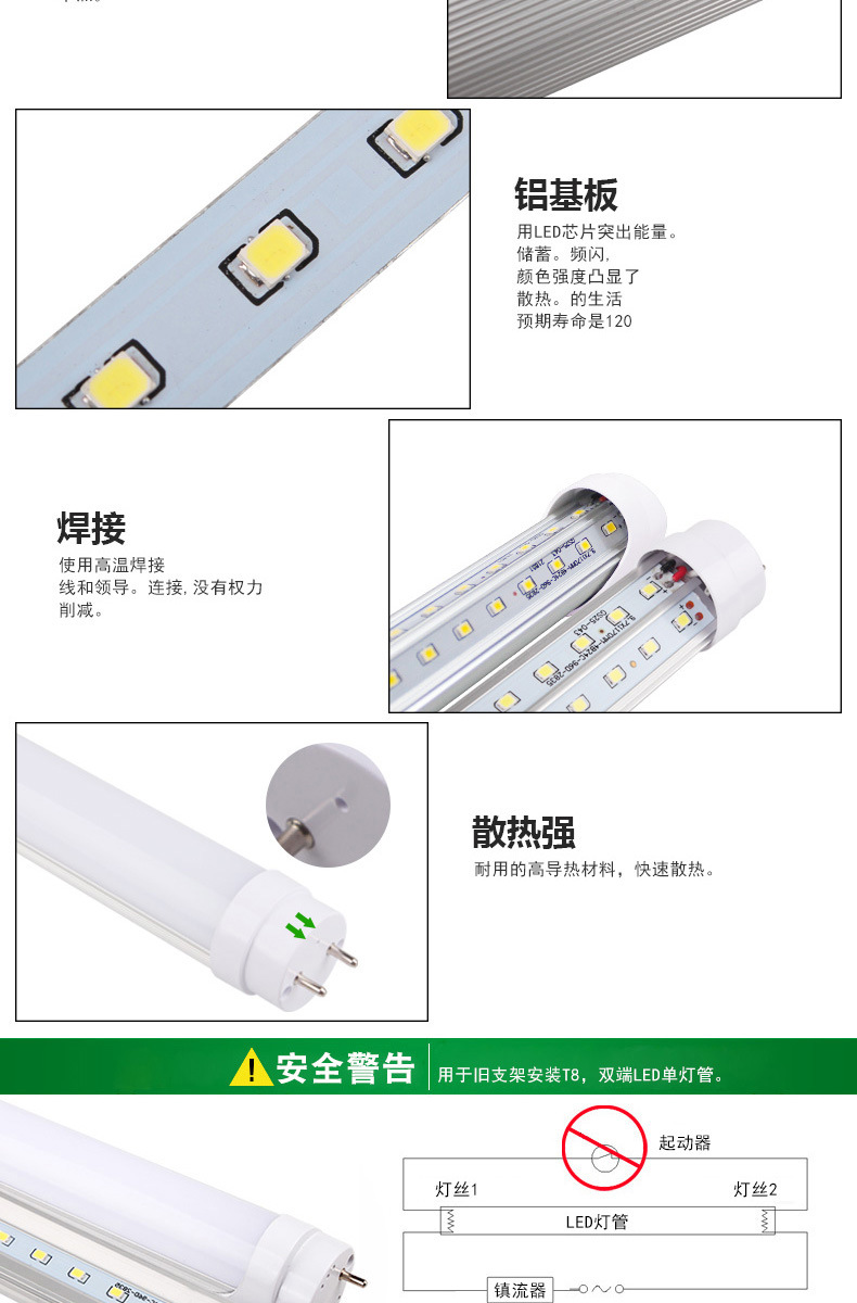 爱德视LED灯管T8分体V20W30W48W72W节能日光灯管家庭商场工厂通用示例图8