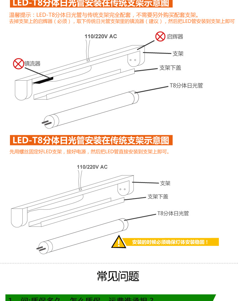 爱德视LED灯管T8分体窄0.6米1.2米10W20W户外防水节能日光灯批发示例图7