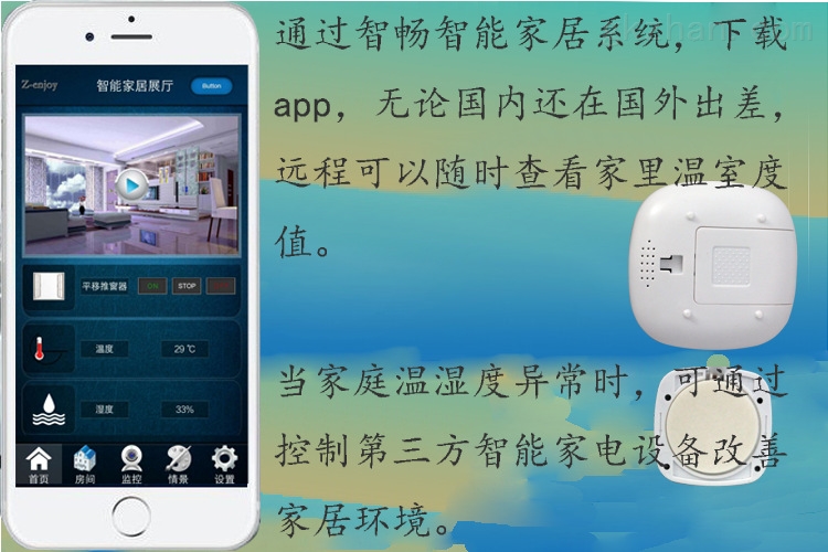 温湿度侦测器，通过智畅智能家居控制系统，下载APP，无论国内还在国外了差，远程可以随时查看家里湿室度。当家庭温湿度异常时，可通过控制第三方智能家电设备改善家居环境。