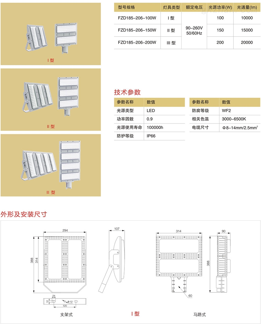 免维护（三防）LED泛光灯型号规格、技术参数、外形及安装尺寸